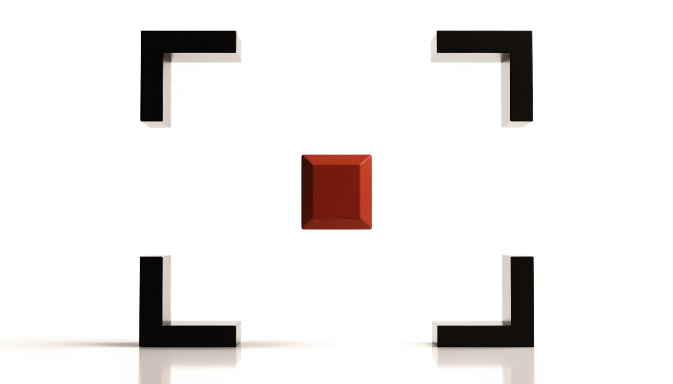 Four black corner brackets on white with a small red cube at the centre
