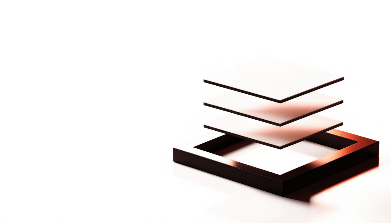 Three thin white plates floating above a black bracket frame