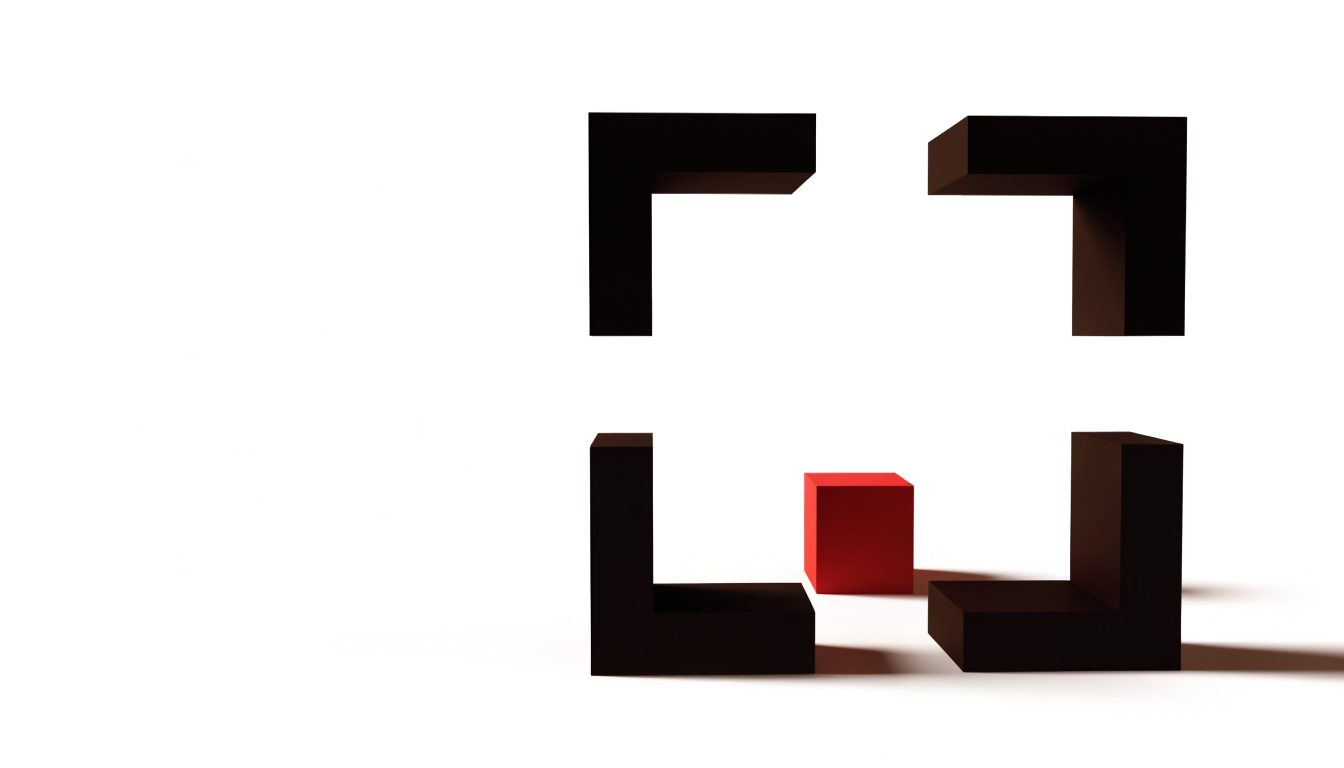 Four black corner brackets lying flat on white paper, with a small red cube inside the frame