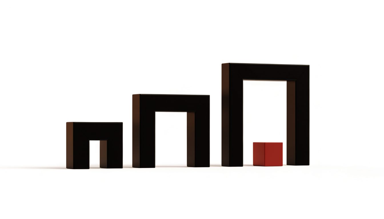 Three black bracket arches in a row, small to large, with a red cube