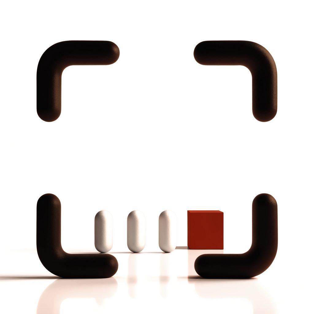 A black bracket frame on white with a small red cube inside