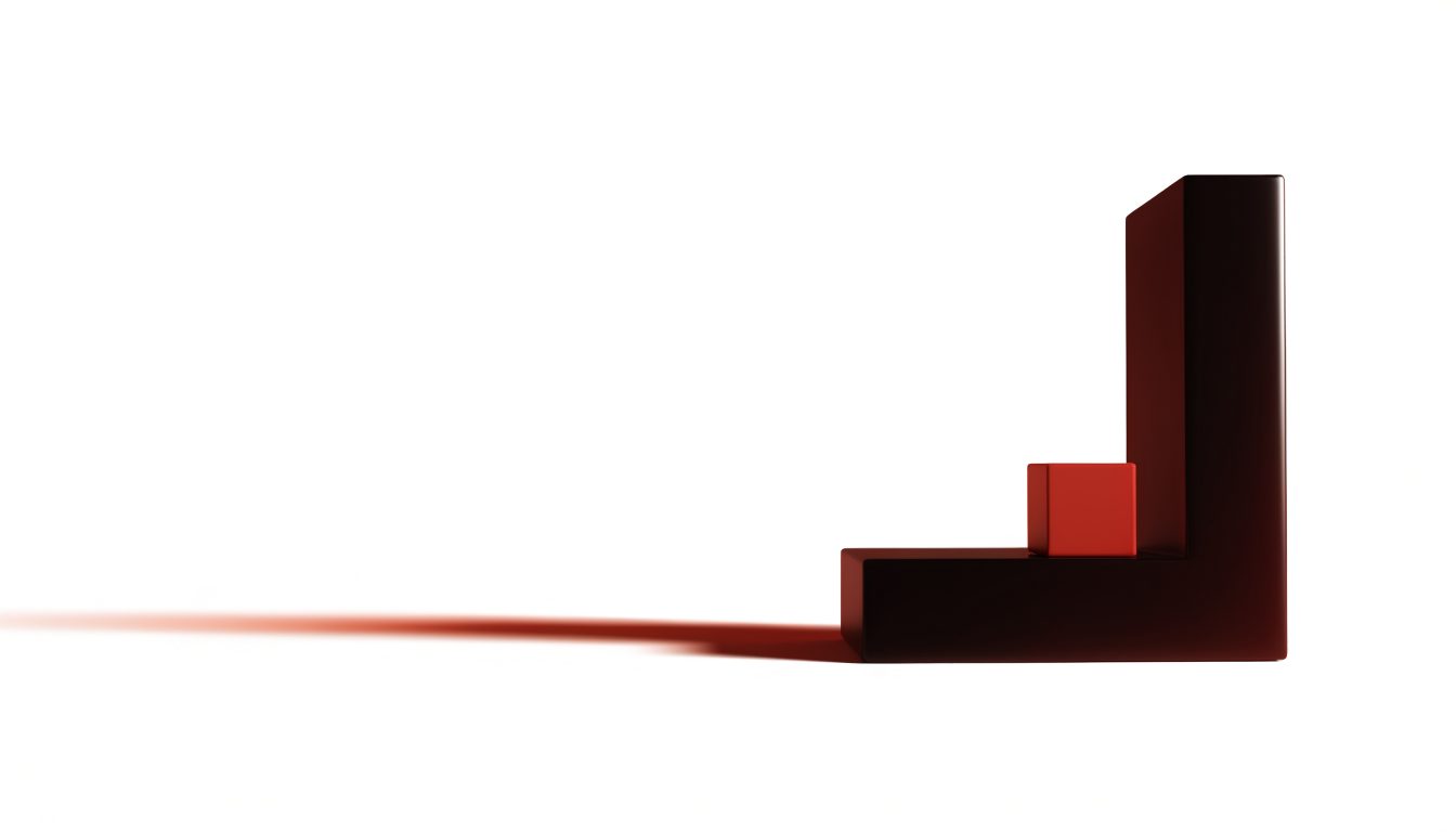 A black corner bracket standing on white with a small red cube beside it