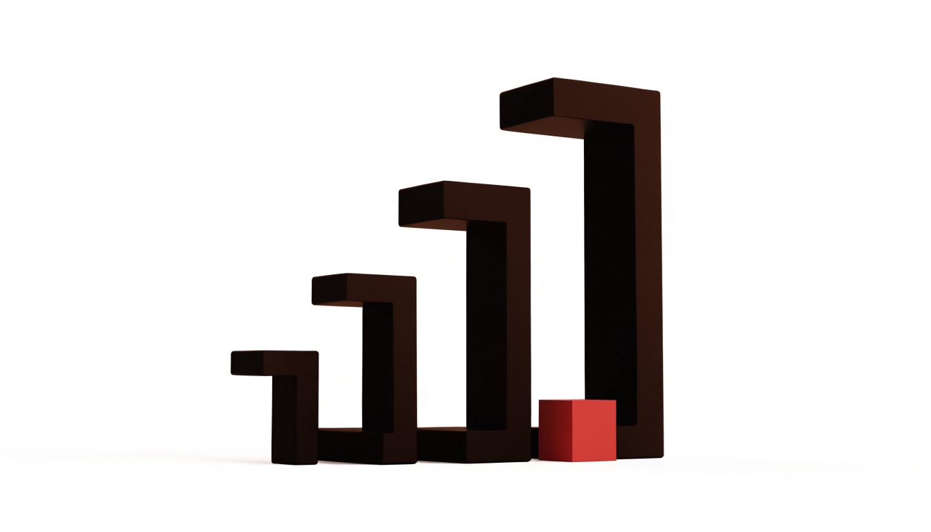 Black brackets rising like steps, a red cube at the base of the largest